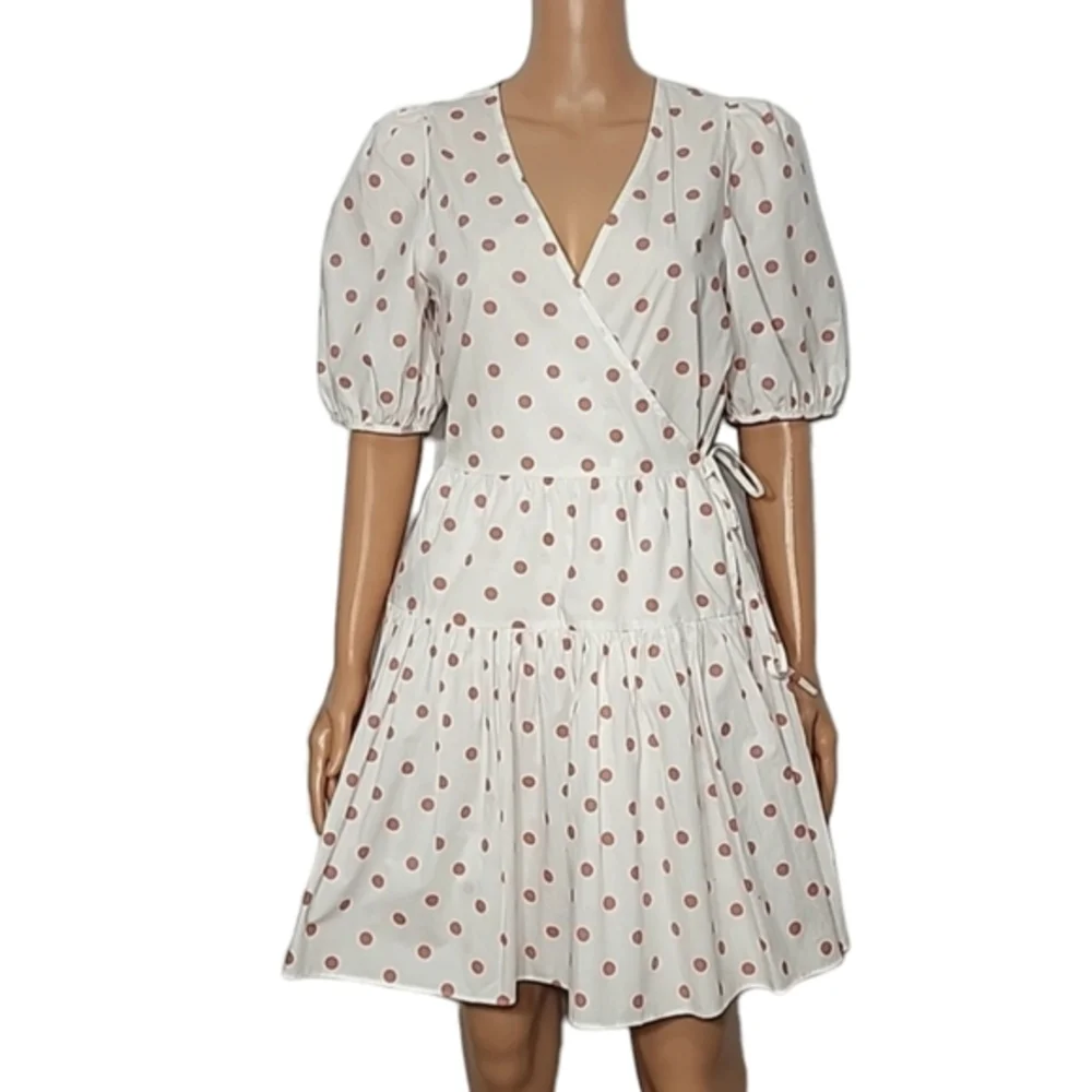 J.Crew White Rose Polka Dot Short Puff-Sleeve‎ Cotton Poplin Mini Wrap Dress XS